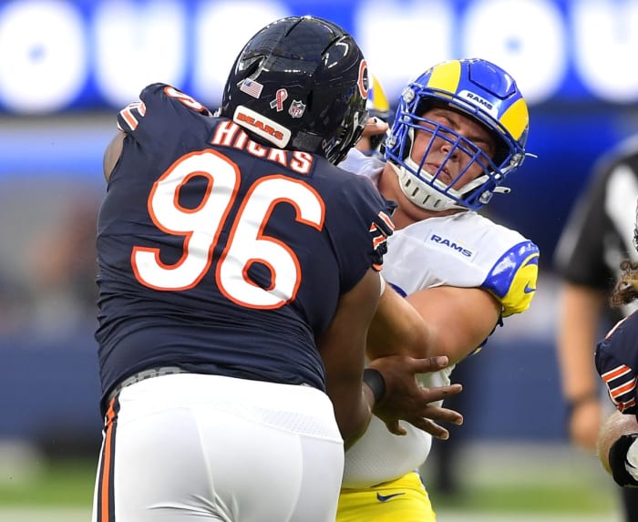 Los Angeles Rams center Coleman Shelton (65) against Chicago Bears defensive end Akiem Hicks (96). Mandatory Credit: Jayne Kamin-Oncea-USA TODAY Sports